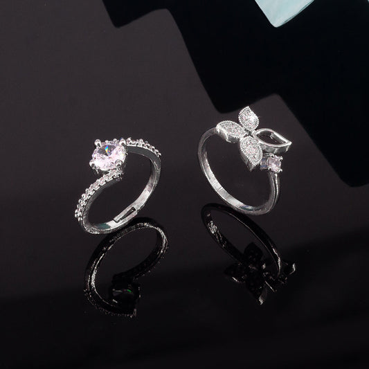 Set Of Two Rhodium Plated Solitaire American Diamond Trendy Adjustable Finger Rings