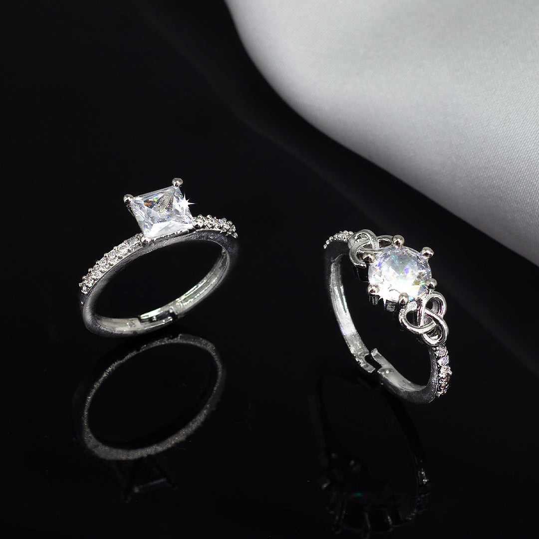 Set Of Two Rhodium Plated Solitaire American Diamond Trendy Adjustable Finger Rings
