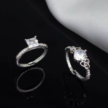 Set Of Two Rhodium Plated Solitaire American Diamond Trendy Adjustable Finger Rings