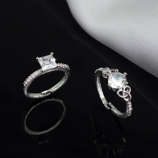 Set Of Two Rhodium Plated Solitaire American Diamond Trendy Adjustable Finger Rings