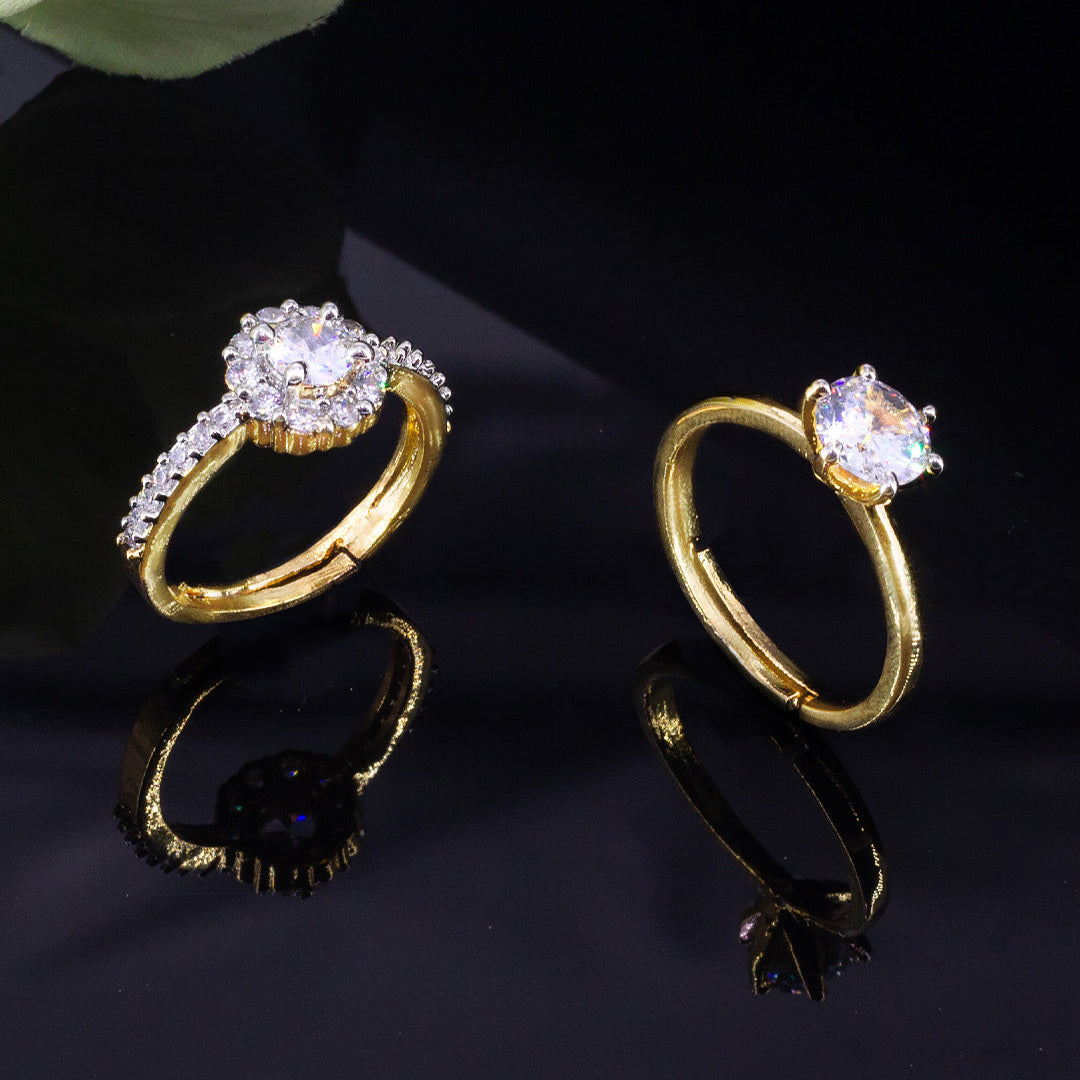 Set Of Two 1 kt Golden Solitaire American Diamond Trendy Adjustable Finger Rings