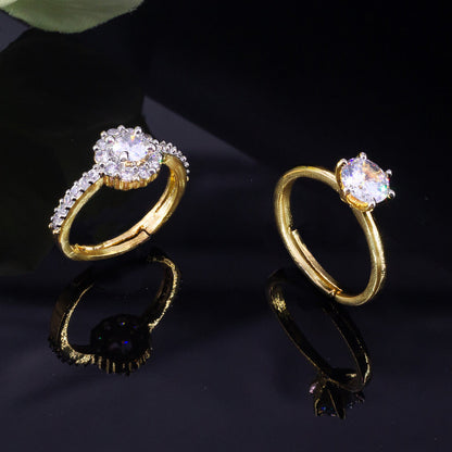 Set Of Two 1 kt Golden Solitaire American Diamond Trendy Adjustable Finger Rings