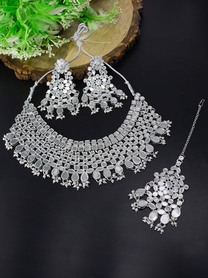 Silver-Plated Mirror-Studded & Beaded Jewellery Set With Maangtika