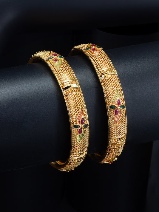 Gold Plated Brass Floral Meenakari Bangle Pair