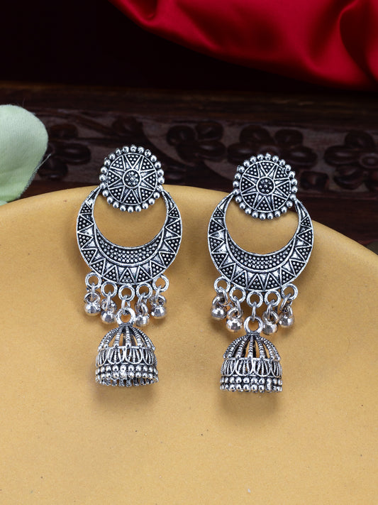 Silver Oxidized Circular Chandbaali Jhumki Earrings