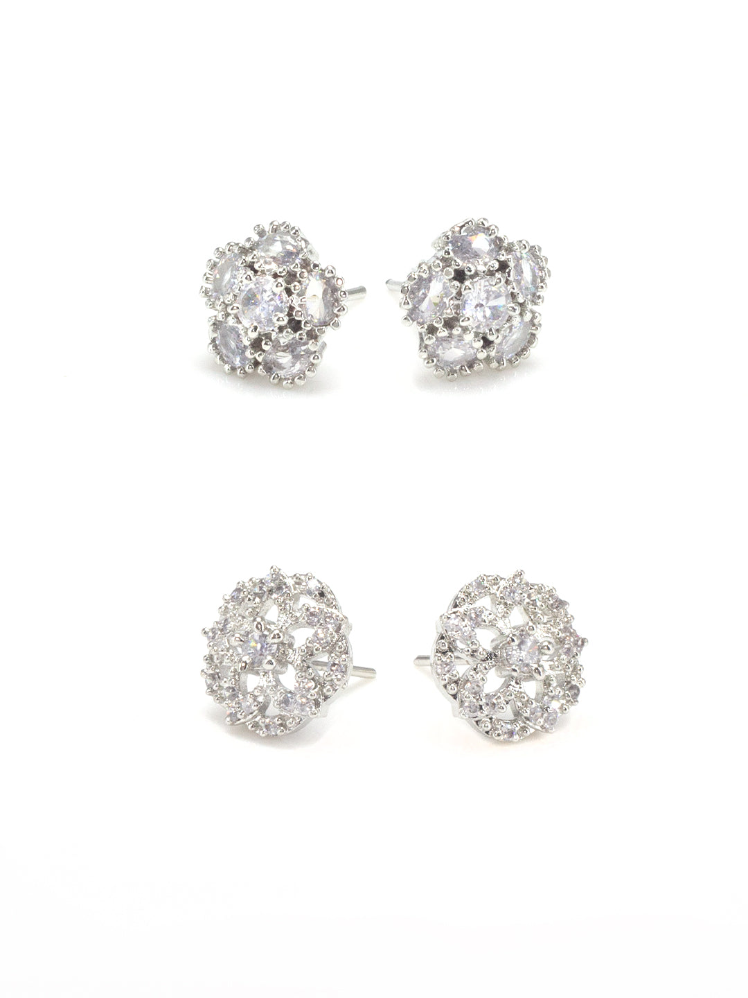 Pack Of Two Rhodium Plated Floral American Diamond Earrings