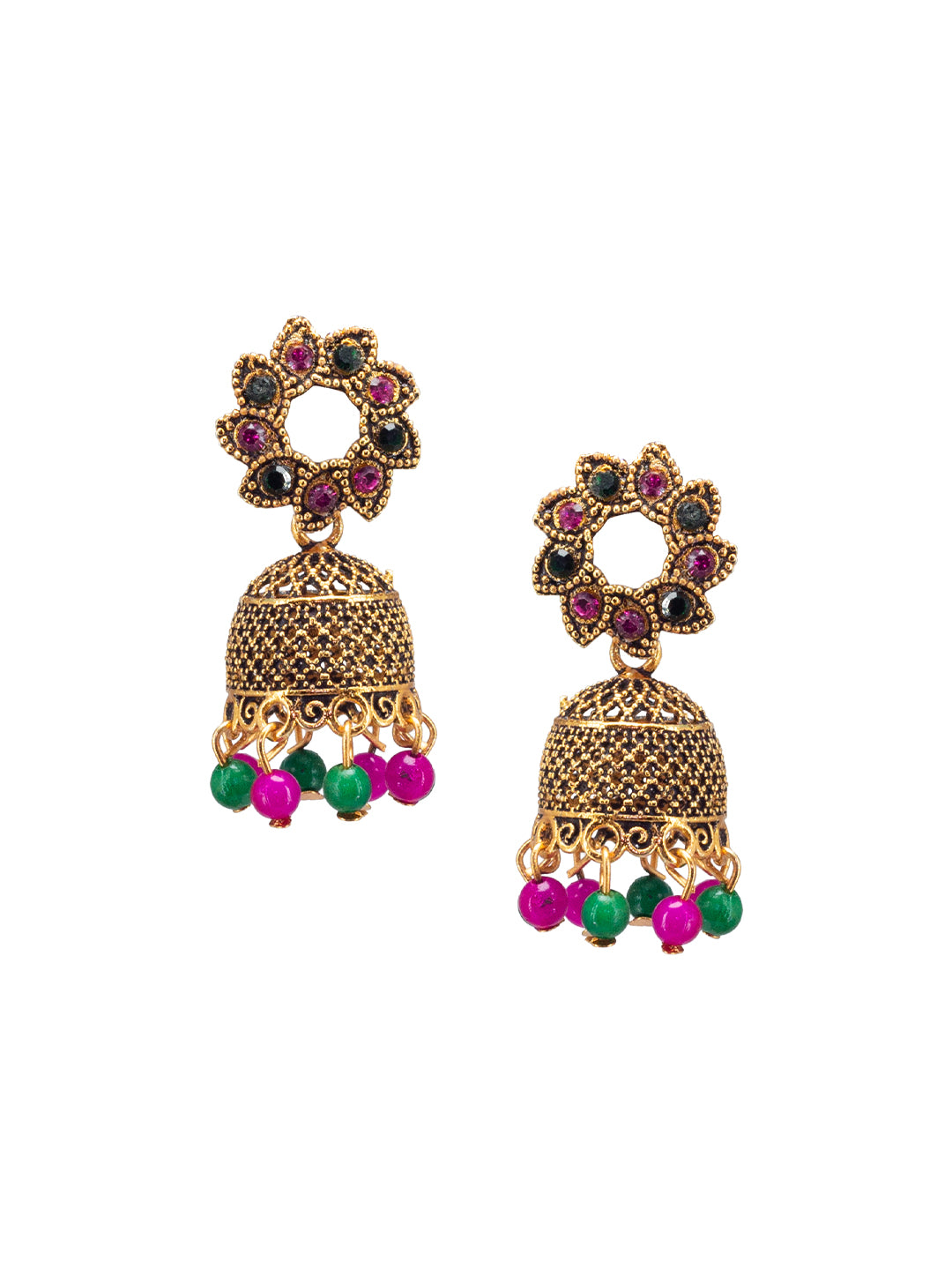 Antique Gold-Plated Floral Artificial Stone & Beaded Jhumki Earrings