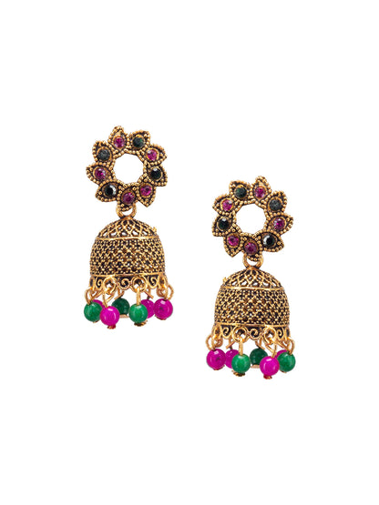 Antique Gold-Plated Floral Artificial Stone & Beaded Jhumki Earrings
