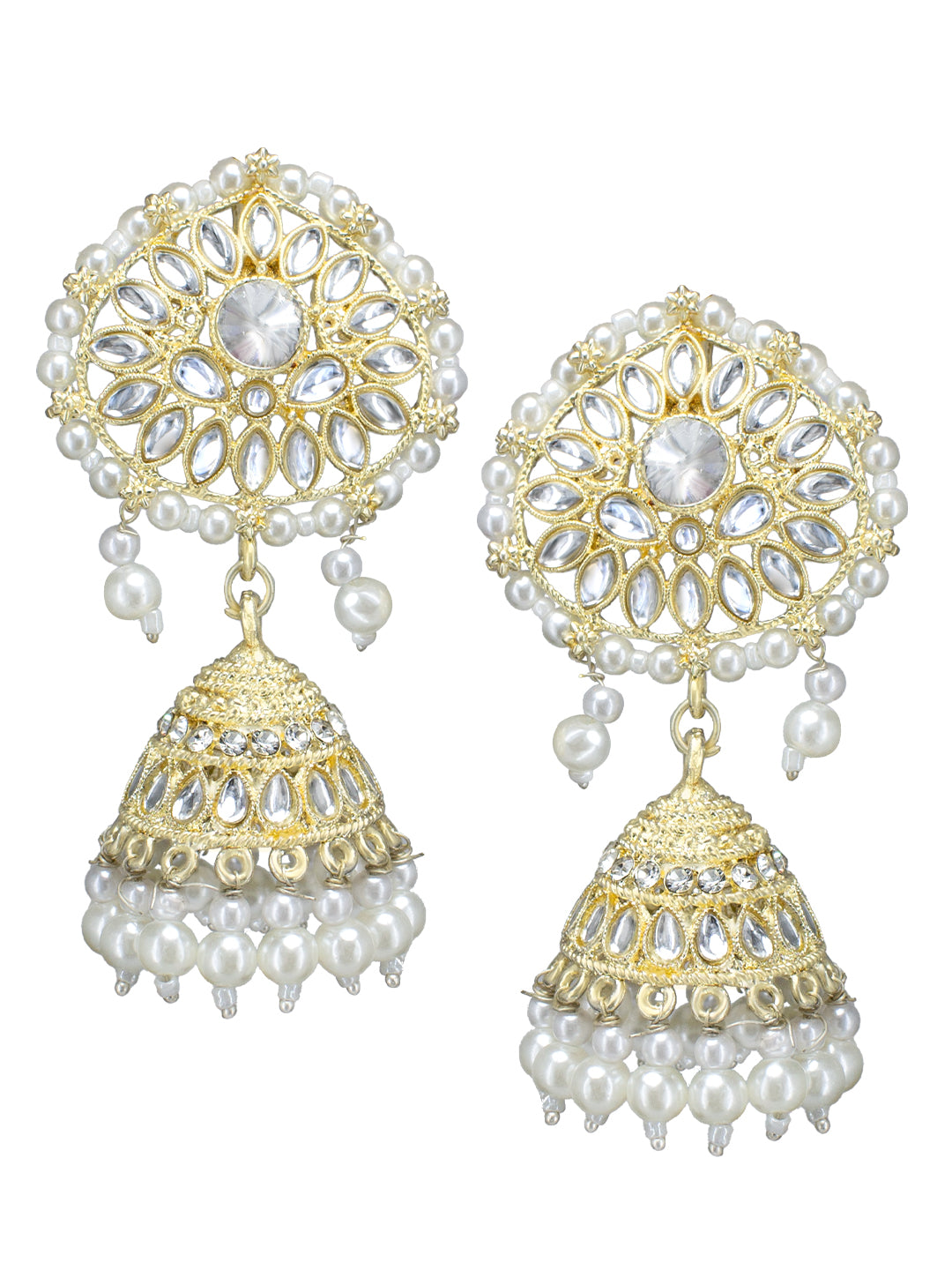 Gold- Plated Kundan Stone Studded Beaded Jhumka Earrings With Maangtika