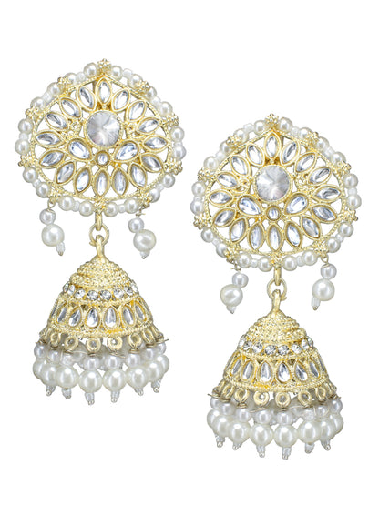 Gold- Plated Kundan Stone Studded Beaded Jhumka Earrings With Maangtika