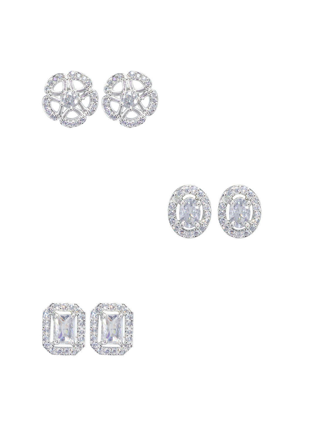Pack Of 3 Rhodium Plated Geometric American Diamond Earrings