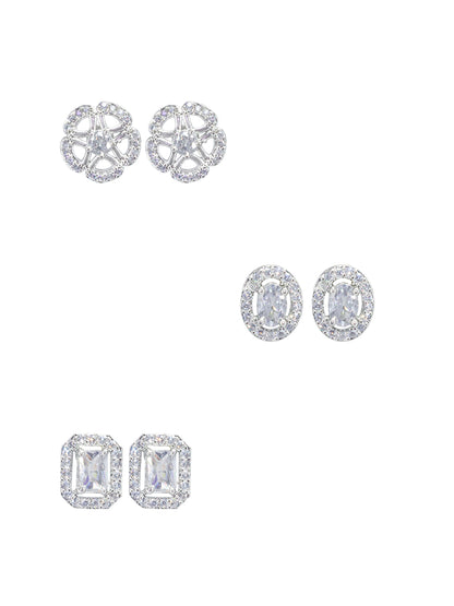 Pack Of 3 Rhodium Plated Geometric American Diamond Earrings