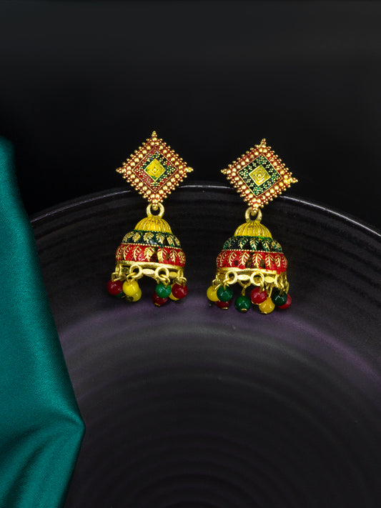 Gold Plated Square Multi Color Artificial Beaded Jhumki Earrings