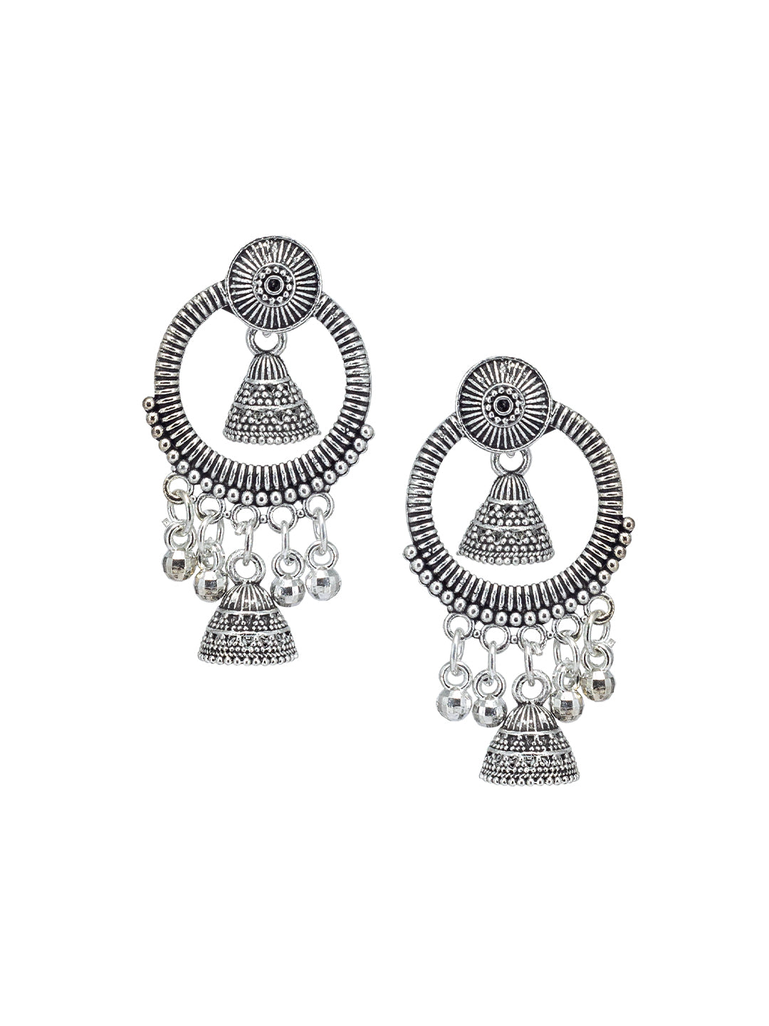 Silver Oxidized Circular Chandbaali Jhumki Drop Earrings