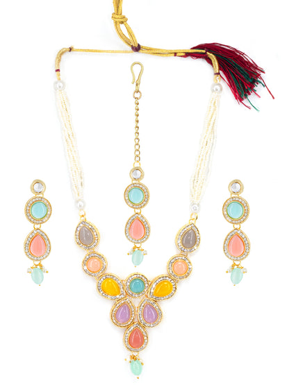 Gold-Plated Crystal Studded & Beaded Jewellery Set With Maangtika