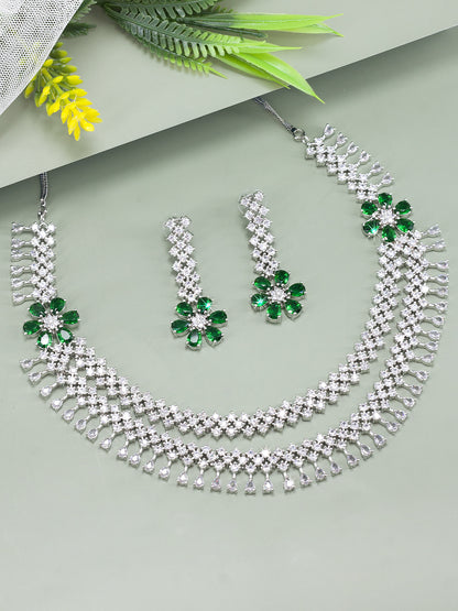 Green 2 Layer AD Studded Floral Jewellery Set
