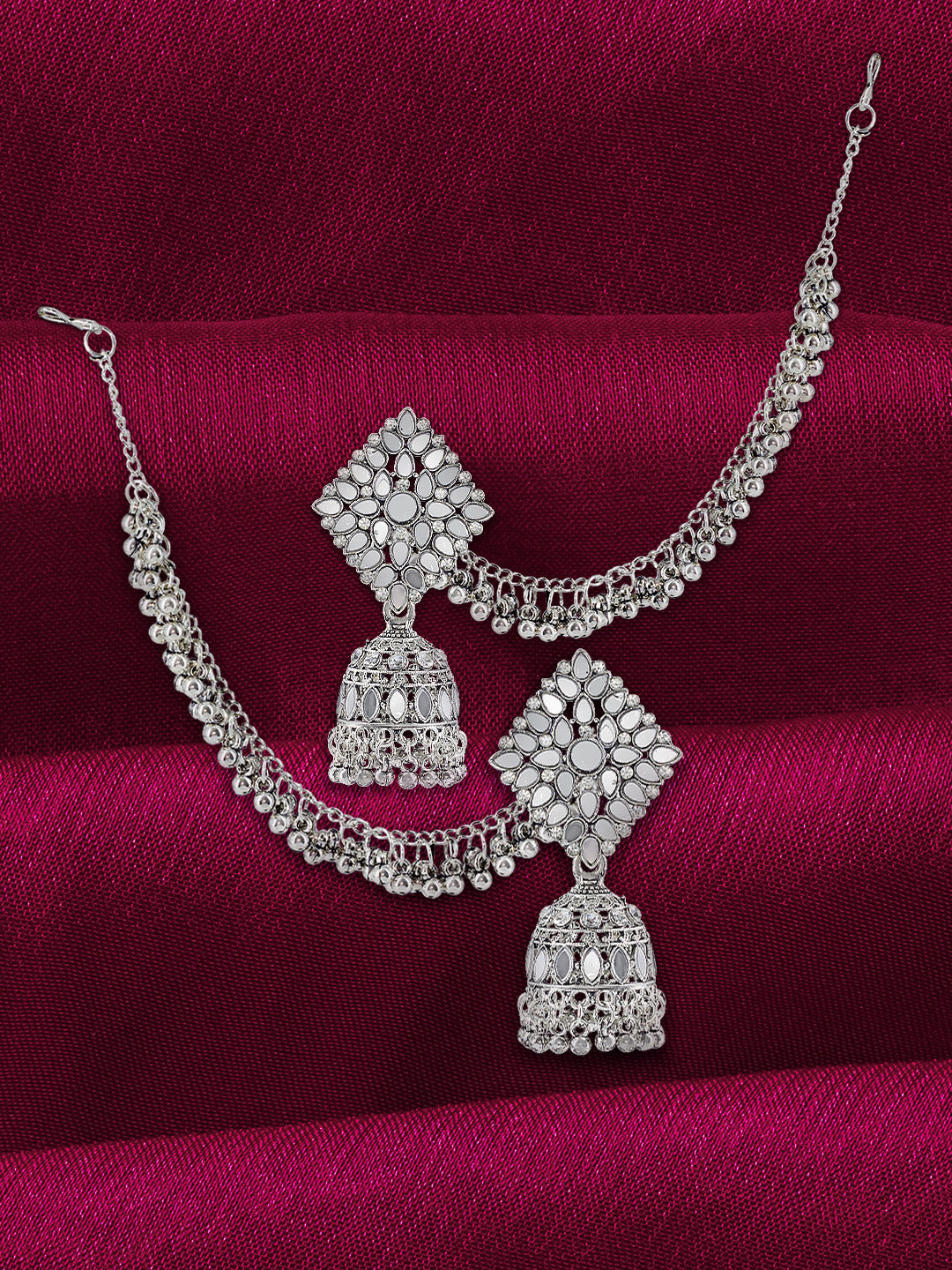 Mirror-Studded Jhumka Earrings With Chain
