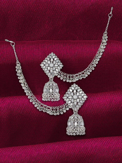 Mirror-Studded Jhumka Earrings With Chain