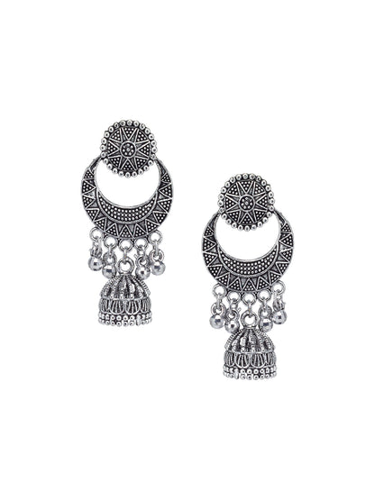 Silver Oxidized Circular Chandbaali Jhumki Earrings