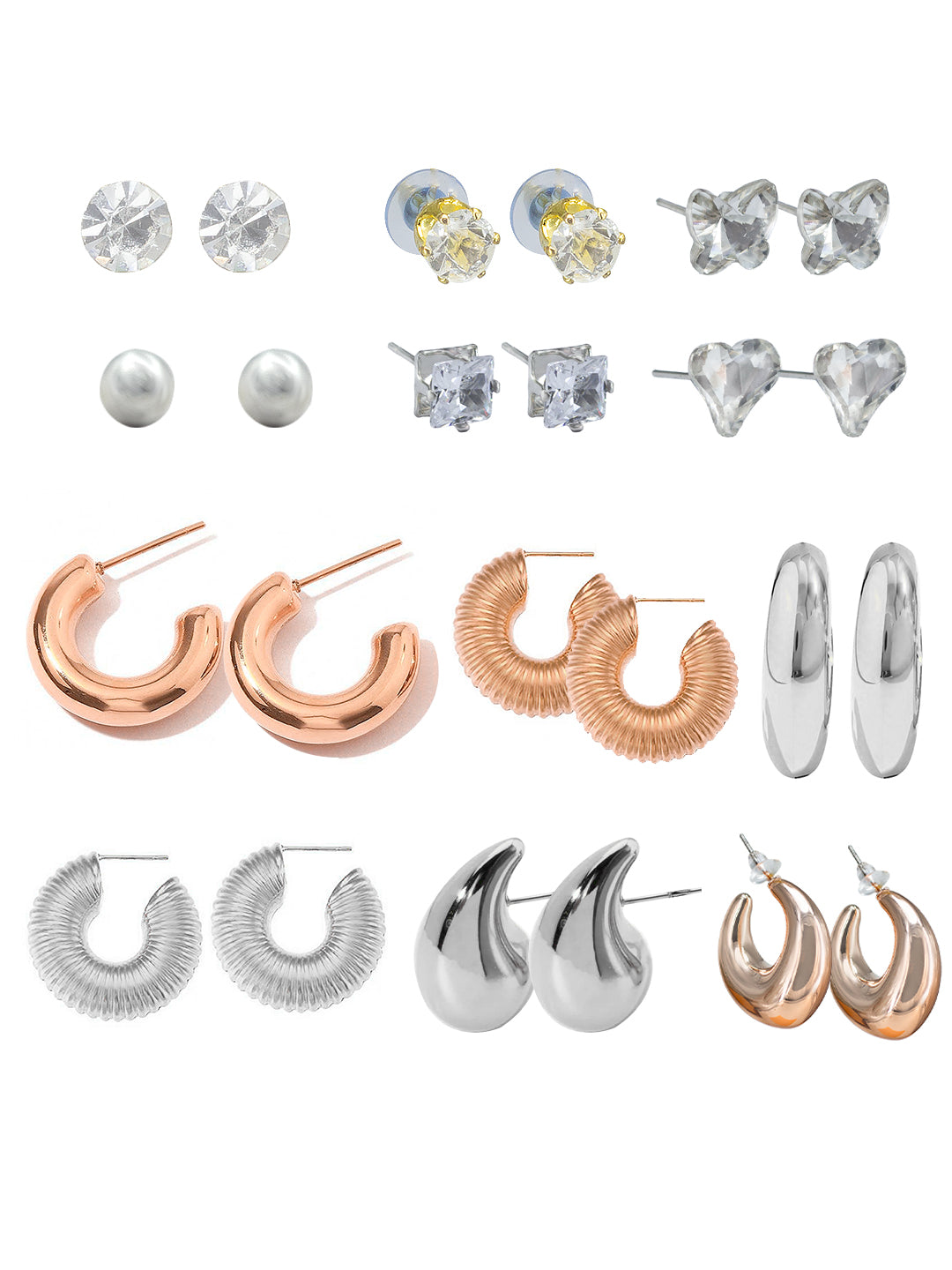 Pack of 12 Silver Plated & Rose Gold Plated Drop, Hoop & Studs Earrings