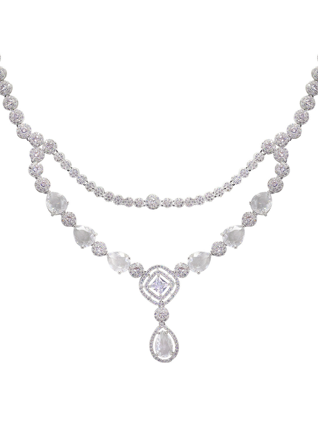 Rhodium Plated Double Layered & Teardrop AD Jewellery Set