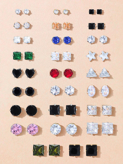 Pack of 26 Multicolour Geometric AD Stud Earrings
