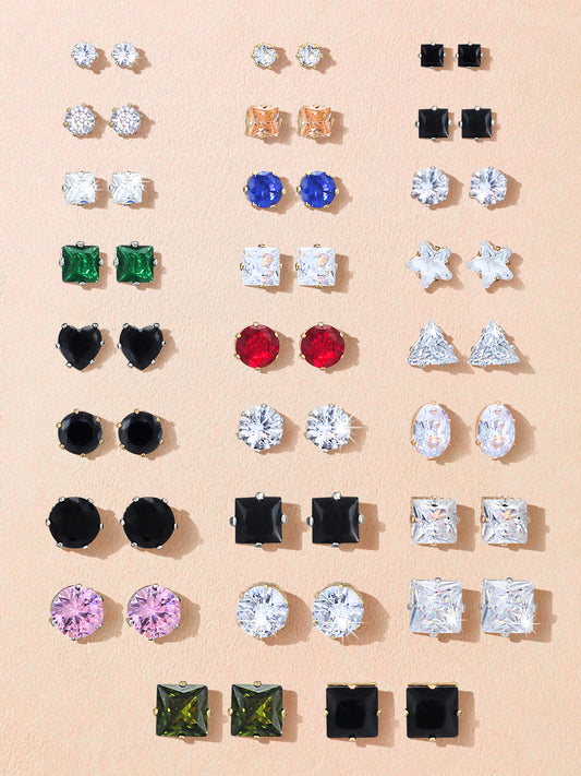 Pack of 26 Multicolour Geometric AD Stud Earrings