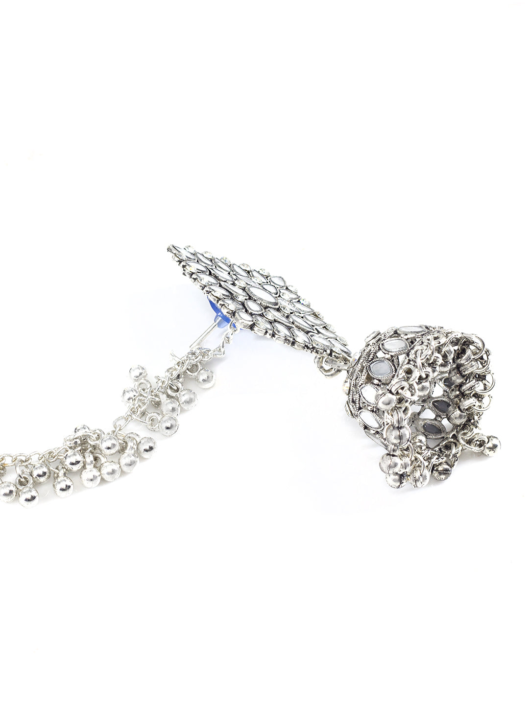 Mirror-Studded Jhumka Earrings With Chain