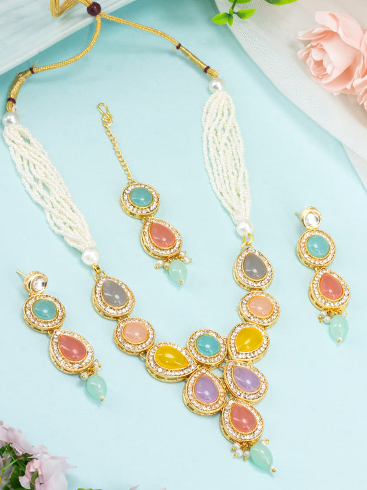 Gold-Plated Crystal Studded & Beaded Jewellery Set With Maangtika