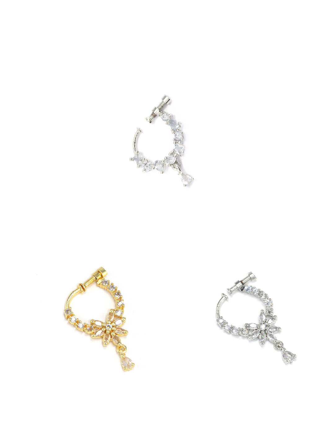 Set of Three Rhodium & Gold Plated American Diamond Non Piercing Nosepin