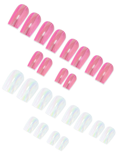 Set of 24 Pink and White Metallic Duochrome stick on nails