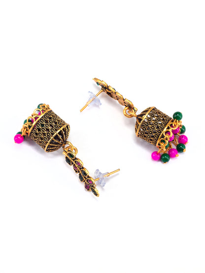 Antique Gold-Plated Leaf Artificial Stone & Beaded Jhumki Earrings
