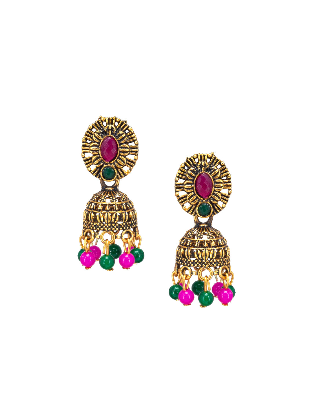 Antique Gold-Plated Oval Artificial Stone & Beaded Jhumki Earrings
