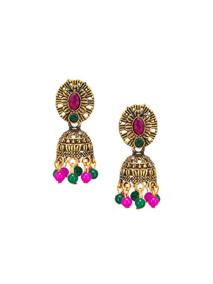 Antique Gold-Plated Oval Artificial Stone & Beaded Jhumki Earrings