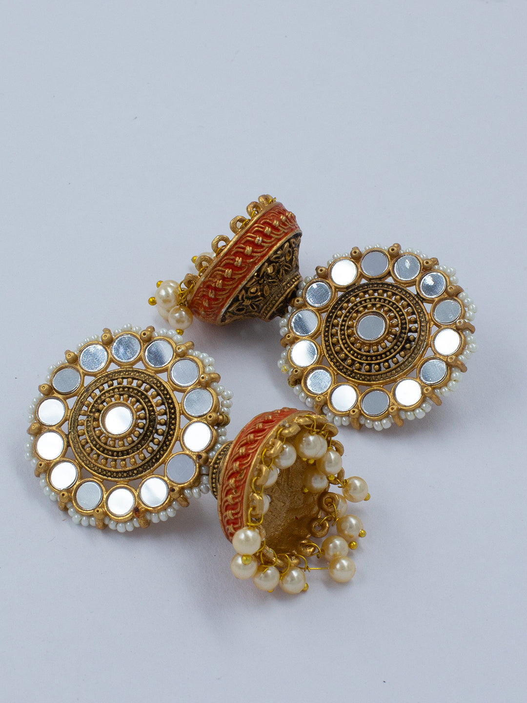 Floral Mirror & Beads Red Meenakari Jhumka Earrings