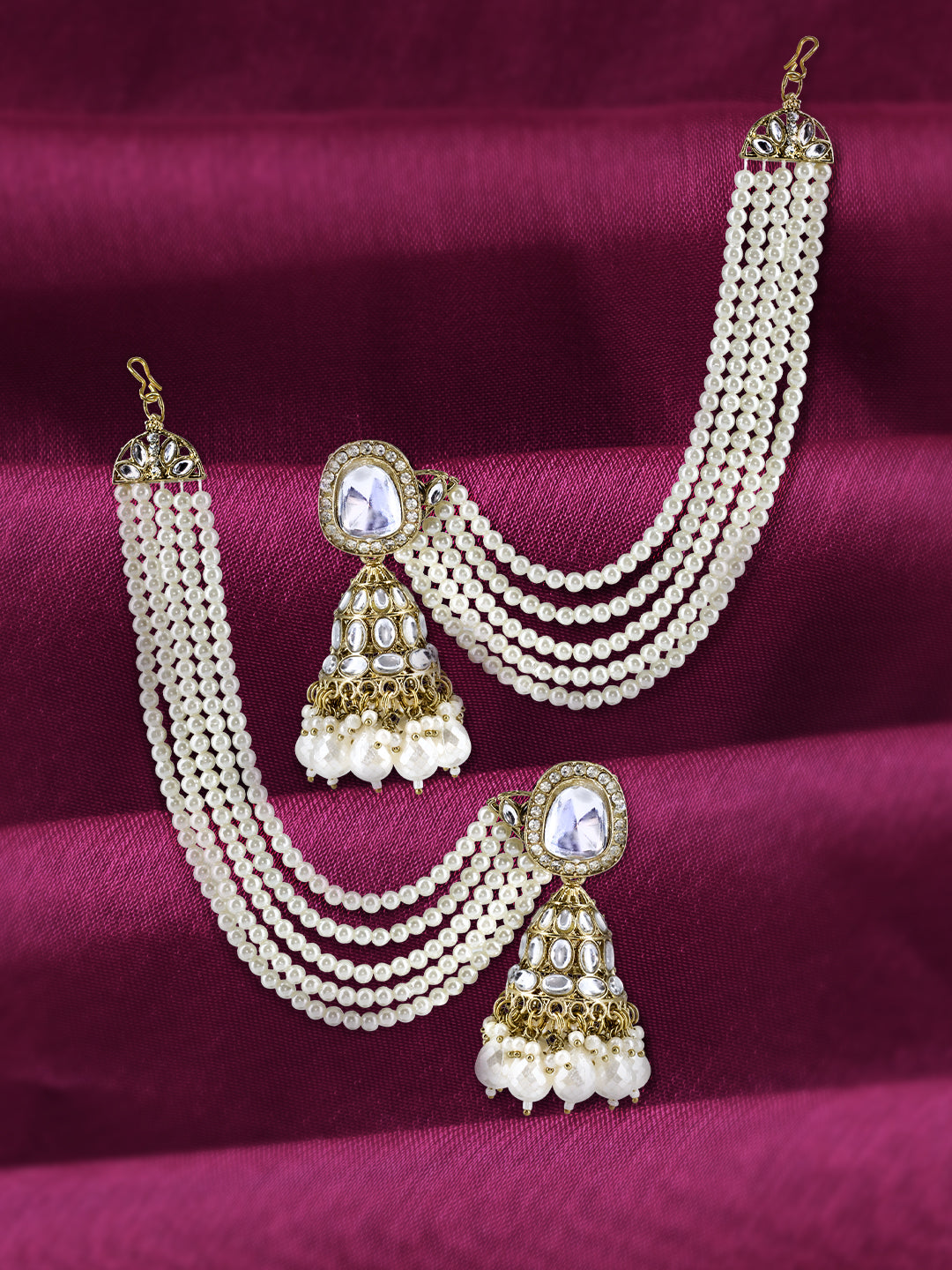 Kundan-Studded & Beaded Jhumka Earrings With Chain
