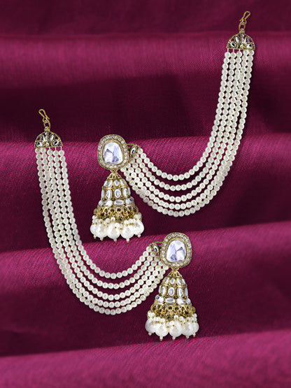 Kundan-Studded & Beaded Jhumka Earrings With Chain