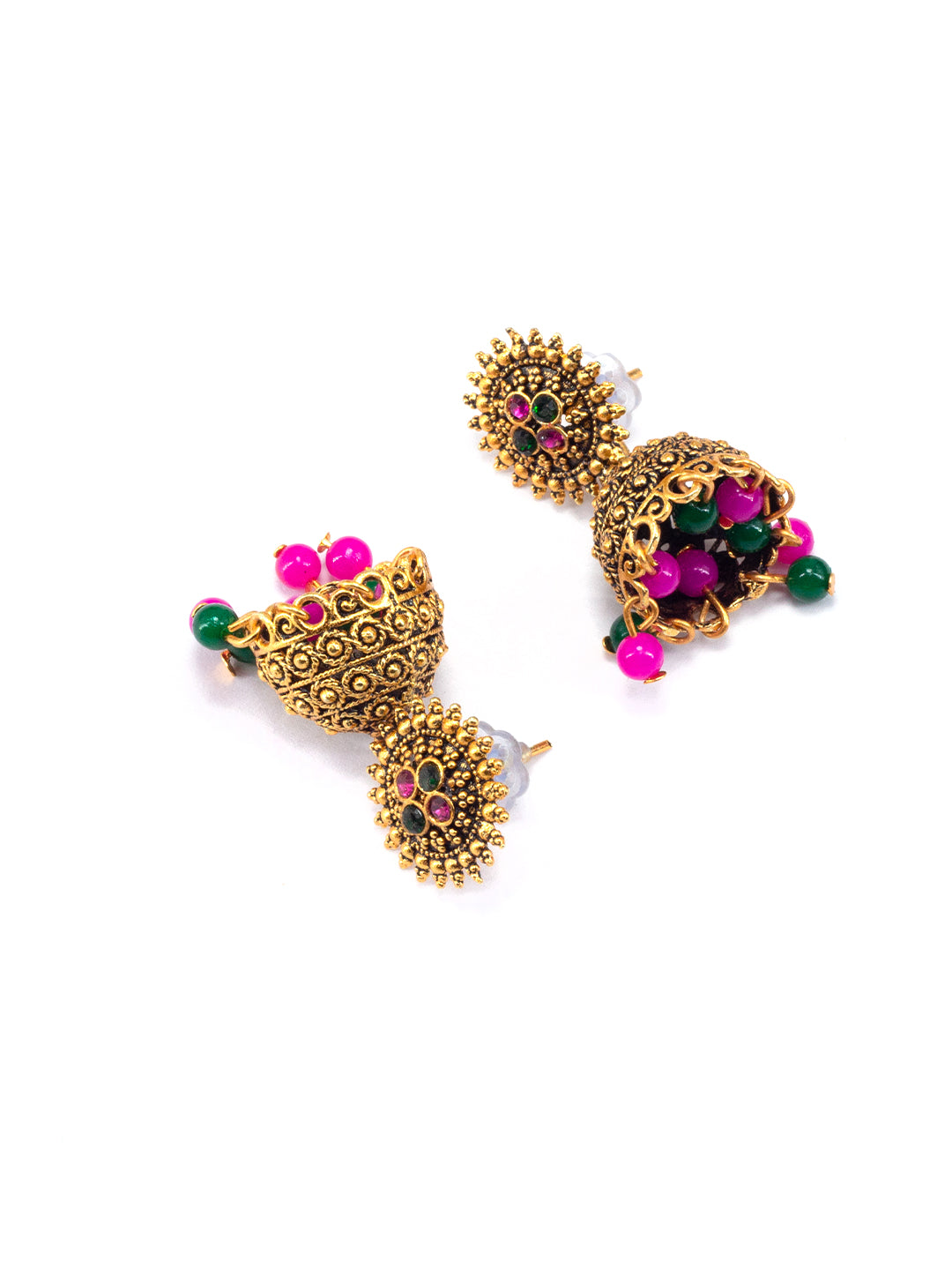 Antique Gold-Plated Floral Artificial Stone & Beaded Jhumki Earrings
