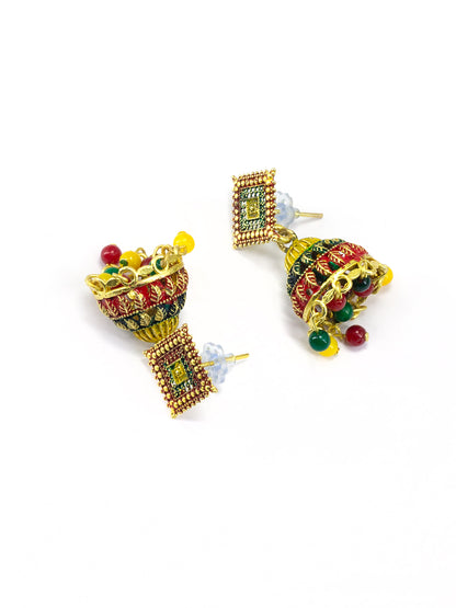 Gold Plated Square Multi Color Artificial Beaded Jhumki Earrings