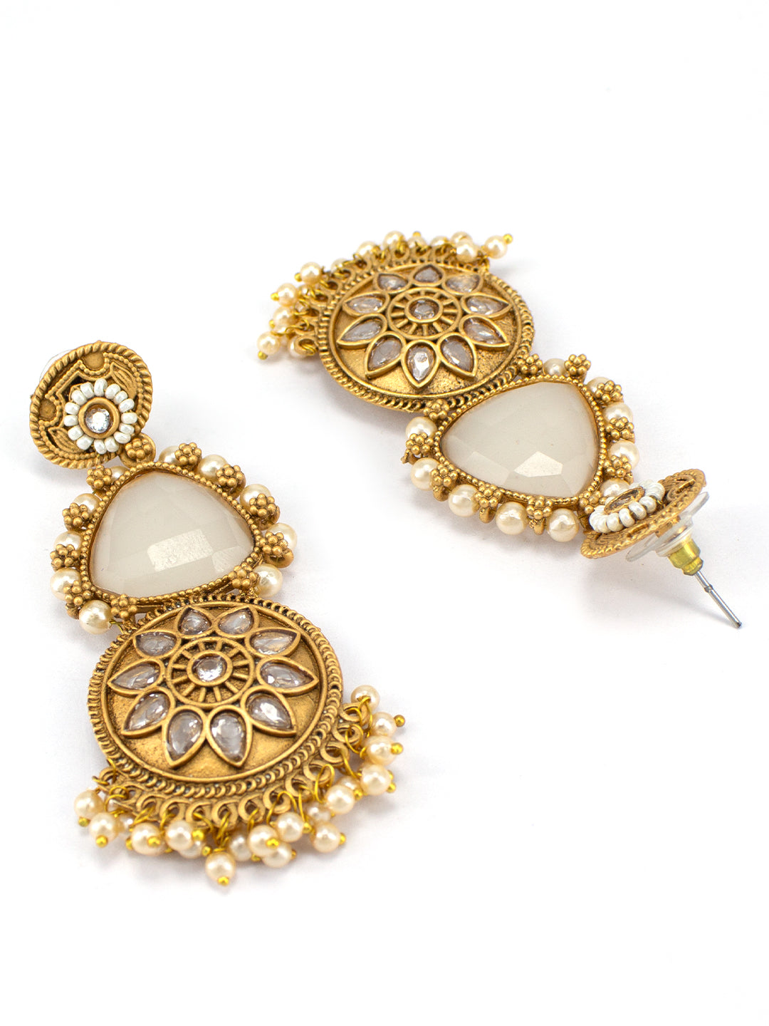 Gold Plated Floral White Kundan & Beaded Drop Earrings