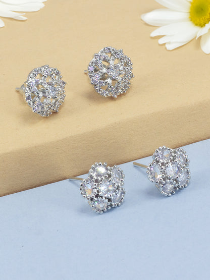 Pack Of Two Rhodium Plated Floral American Diamond Earrings