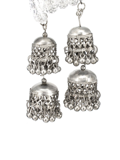 Silver Oxidised White Beaded Two Layered Jhumka Wraparound Bracelet