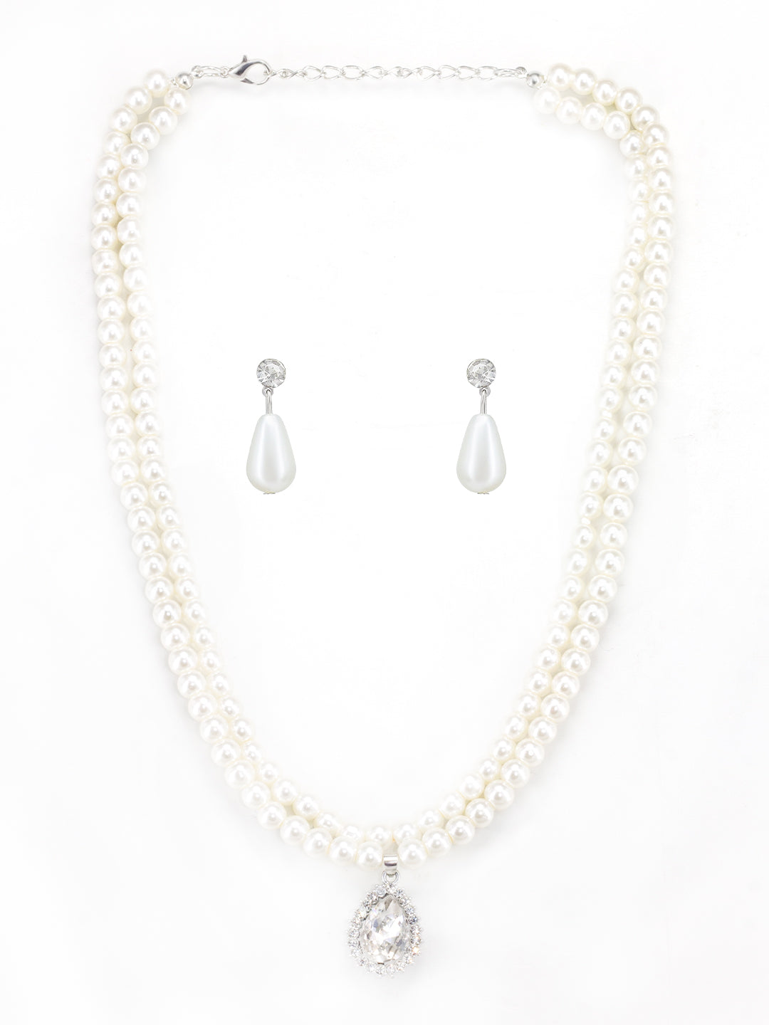 Silver Plated Double Layered Stone & Pearl Beaded Moti Mala Necklace & Earrings