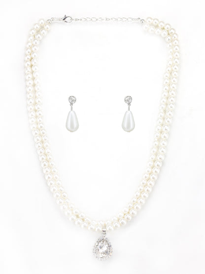 Silver Plated Double Layered Stone & Pearl Beaded Moti Mala Necklace & Earrings