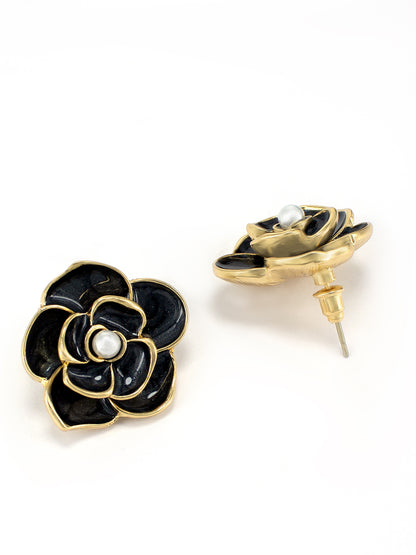 Gold-Plated Black Floral Studs Earrings