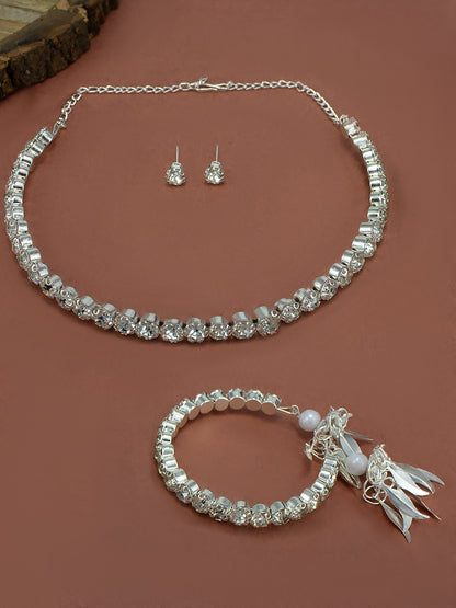 Silver Plated Trendy Rhinestone Jewellery Set with Bracelet