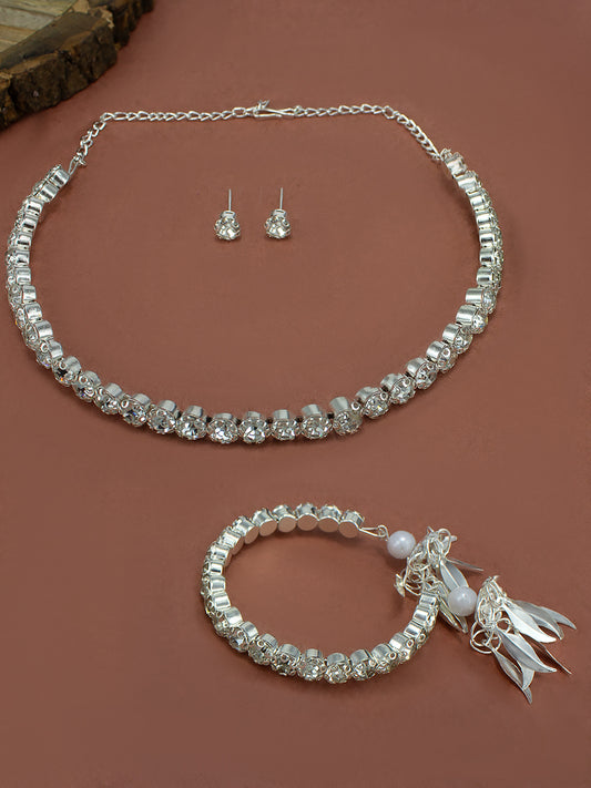 Silver Plated Trendy Rhinestone Jewellery Set with Bracelet