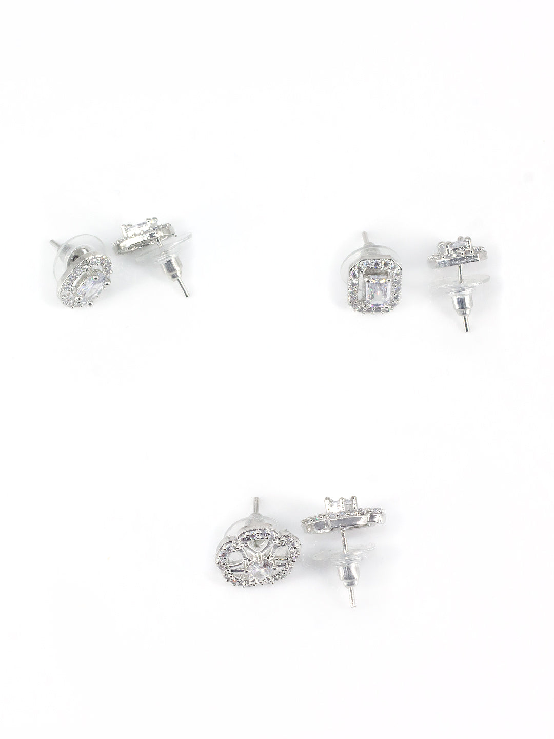 Pack Of 3 Rhodium Plated Geometric American Diamond Earrings