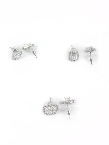 Pack Of 3 Rhodium Plated Geometric American Diamond Earrings