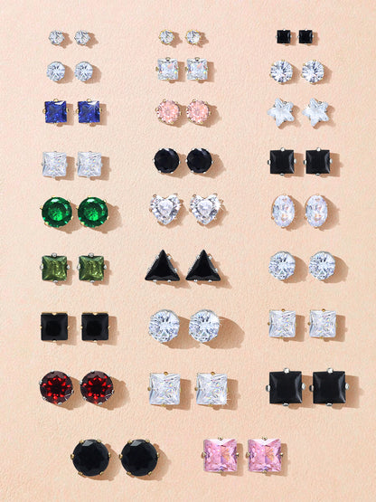 Pack of 26 Multicolour Geometric  AD Stud Earrings